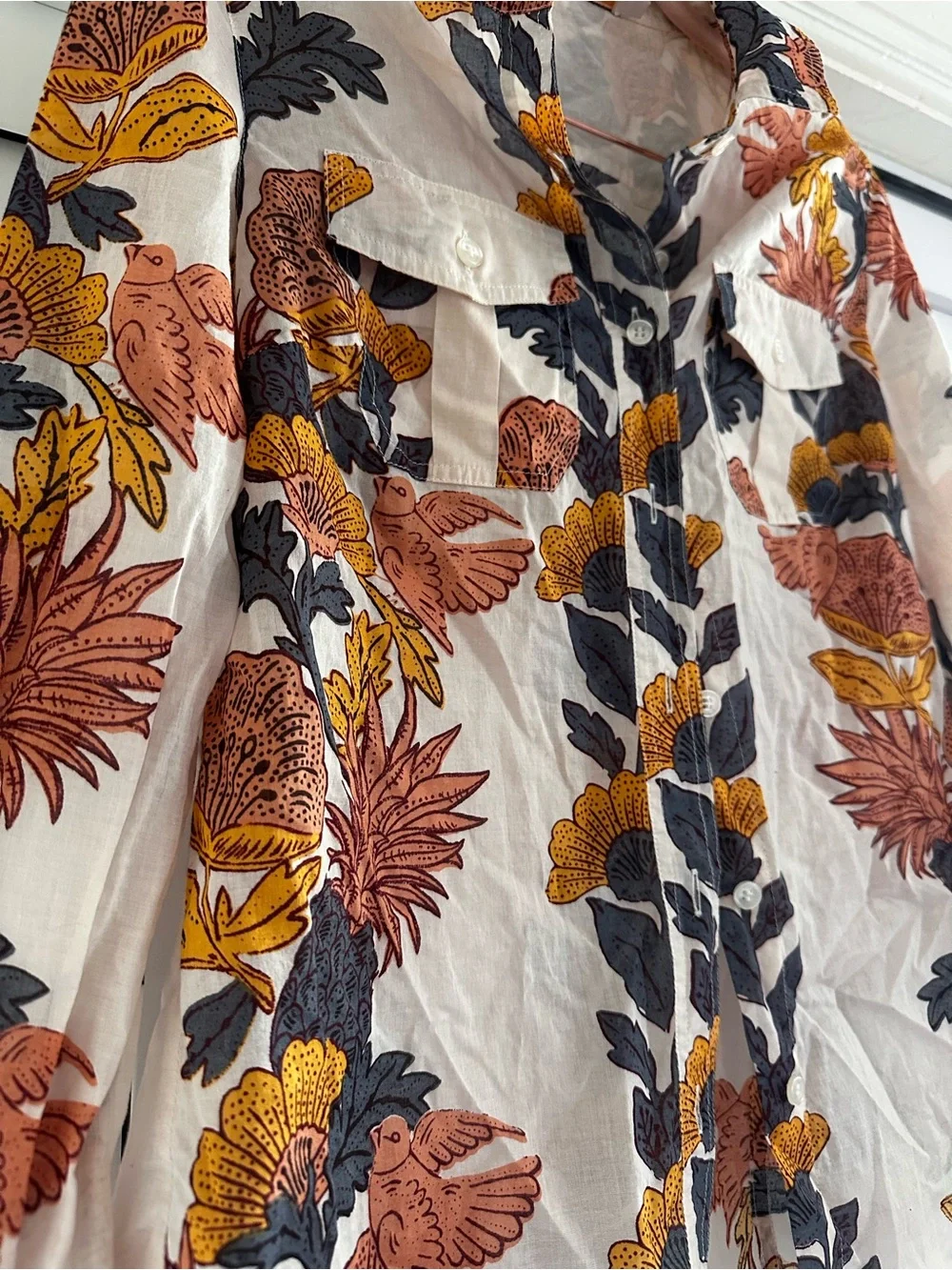 Tory Burch Floral Button-Front Long-Sleeve Top in Cream and Rust